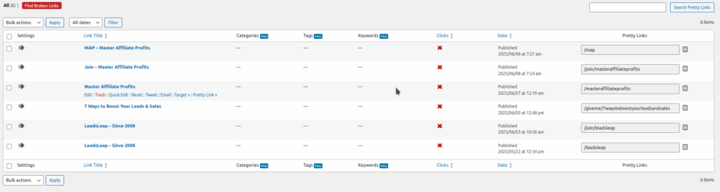The Main Dashboard Panel of Pretty Links displaying the Affiliate Links and their settings.