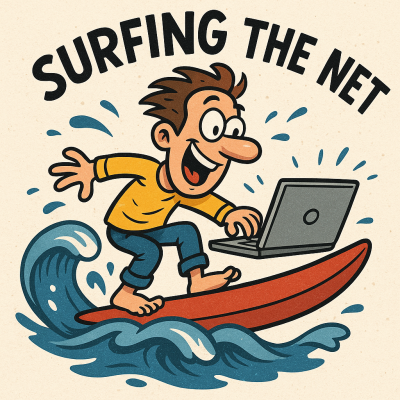 Man Surfing the Internet on a Surf Board